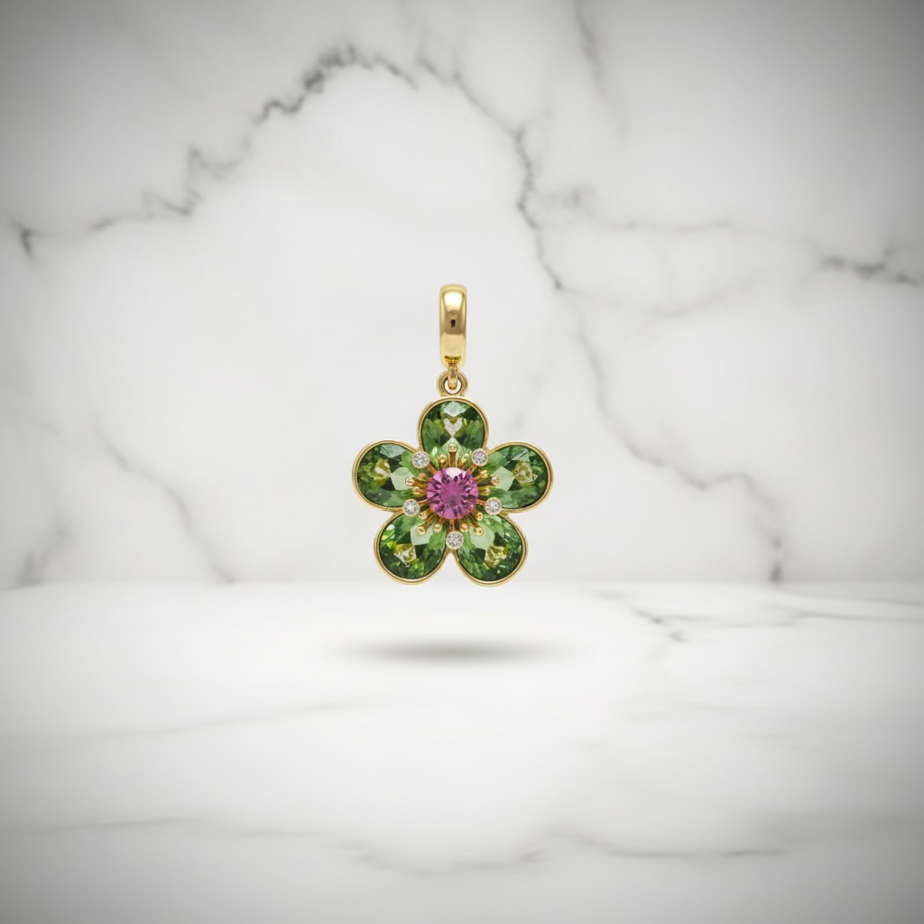 14K CRYSTAL FLOWER CHARM PENDANT GREEN PANDORA