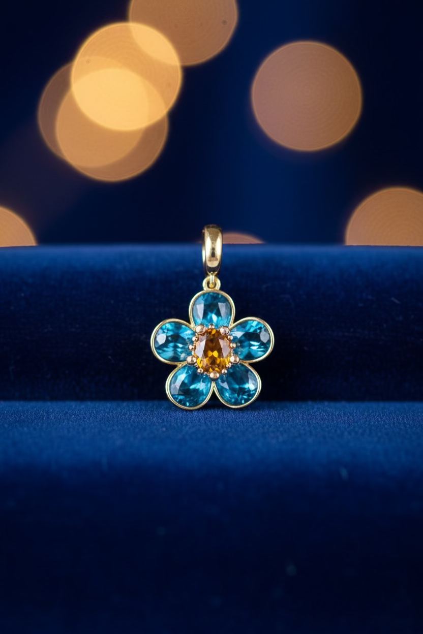 14K CRYSTAL FLOWER CHARM PENDANT BLUE PANDORA