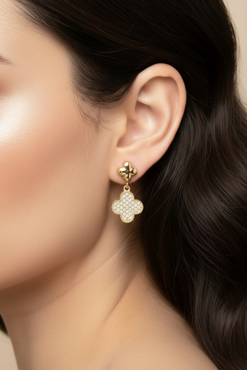 14K "CZ" CLOVER DANGLE EARRING RQ408
