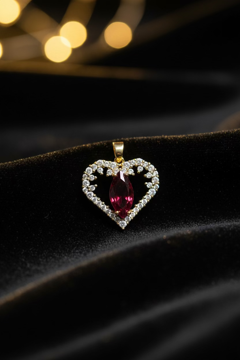 14K HEART-SHAPED WITH A CENTRAL RED GEMSTONE PENDANT