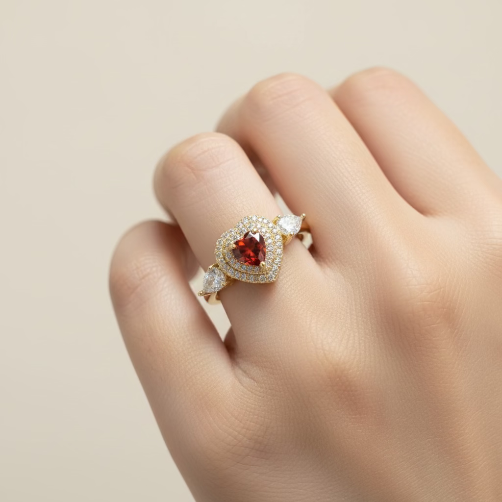14K  HEART-SHAPED WIRH RED/ORANGE GEMSTONE GJ-38700001
