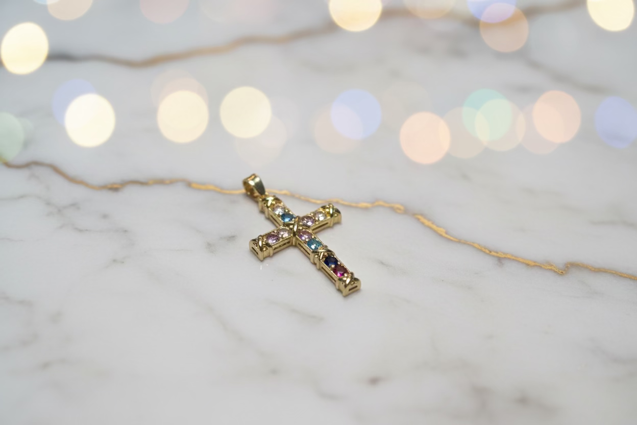 14K MICRO-PAVE RAINBOW CZ CROSS PENDANT