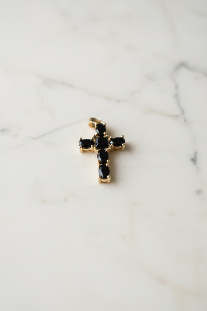 14K BLACK ONYX CRYSTAL CROSS PENDANT