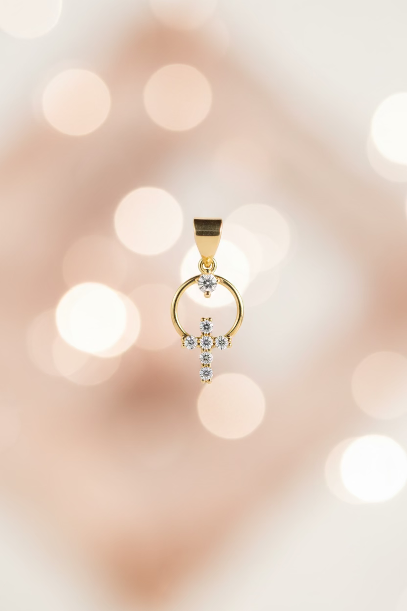 14K CZ OPEN CIRCLE CROSS PENDANT