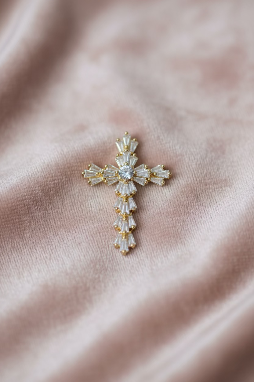 14K SUNBURST BAGUETTE CROSS PENDANT