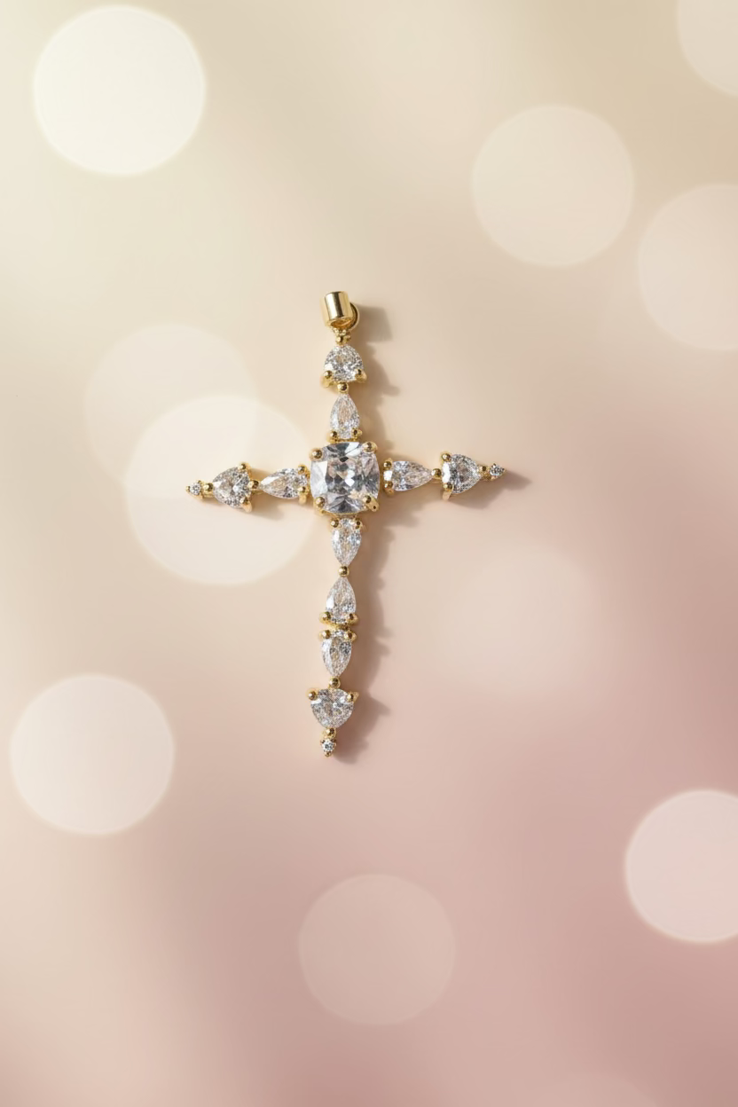 14K MULTI-SHAPE CRYSTAL CROSS PENDANT
