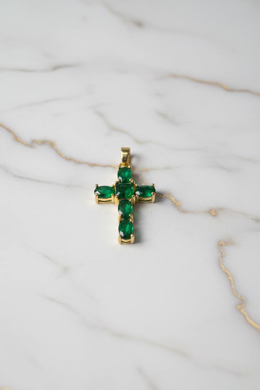 14K ESMERALD GREEN CRYSTAL CROSS PENDANT