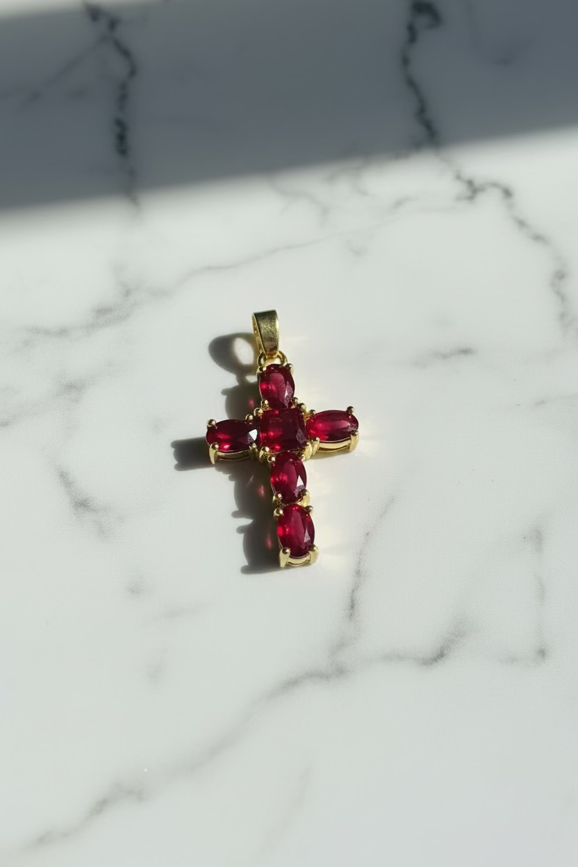 14K RUBY RED CRYSTAL CROSS PENDANT