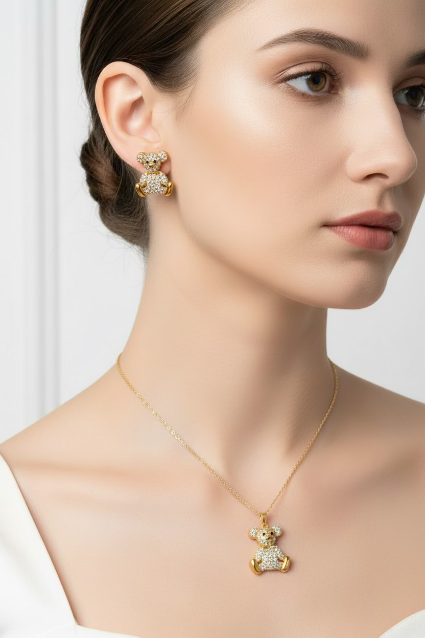 14KTEDDY BEAR PENDANT NECKLACE & STUD EARRINGS SET CX14A