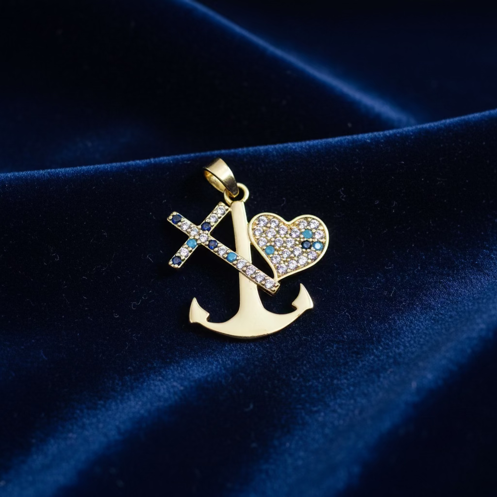 14K THREE-SYMNOL COMBINATION CHARM PENDANT (FAITH, HOPE, AND LOVE) MULTI-COLOR