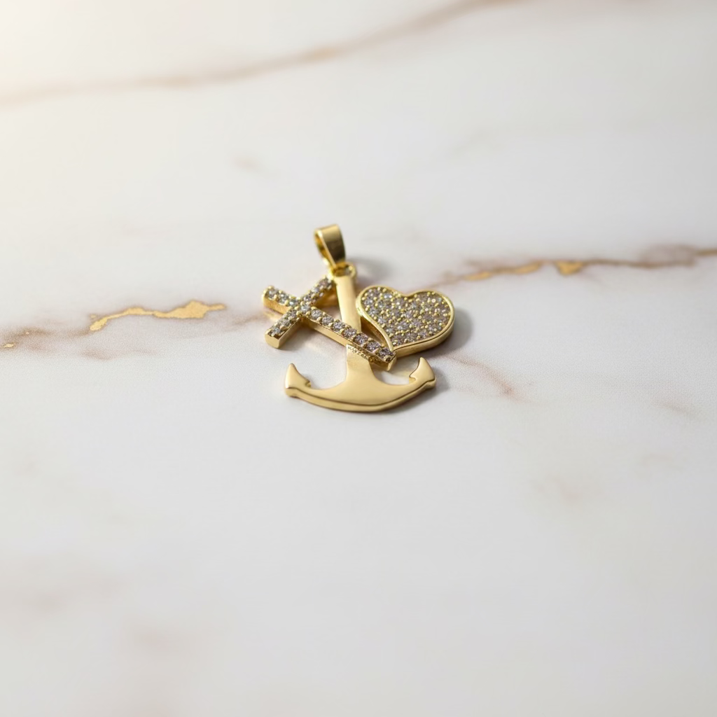 14K CLEAR PAVE FAITH,HOPE,AND CHARITY PENDANT