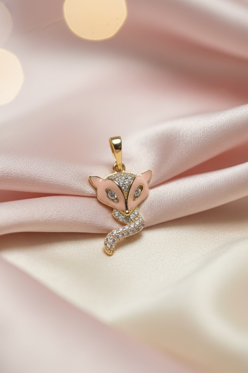 14K PINK ENAMEL FOX DANGLE PENDANT