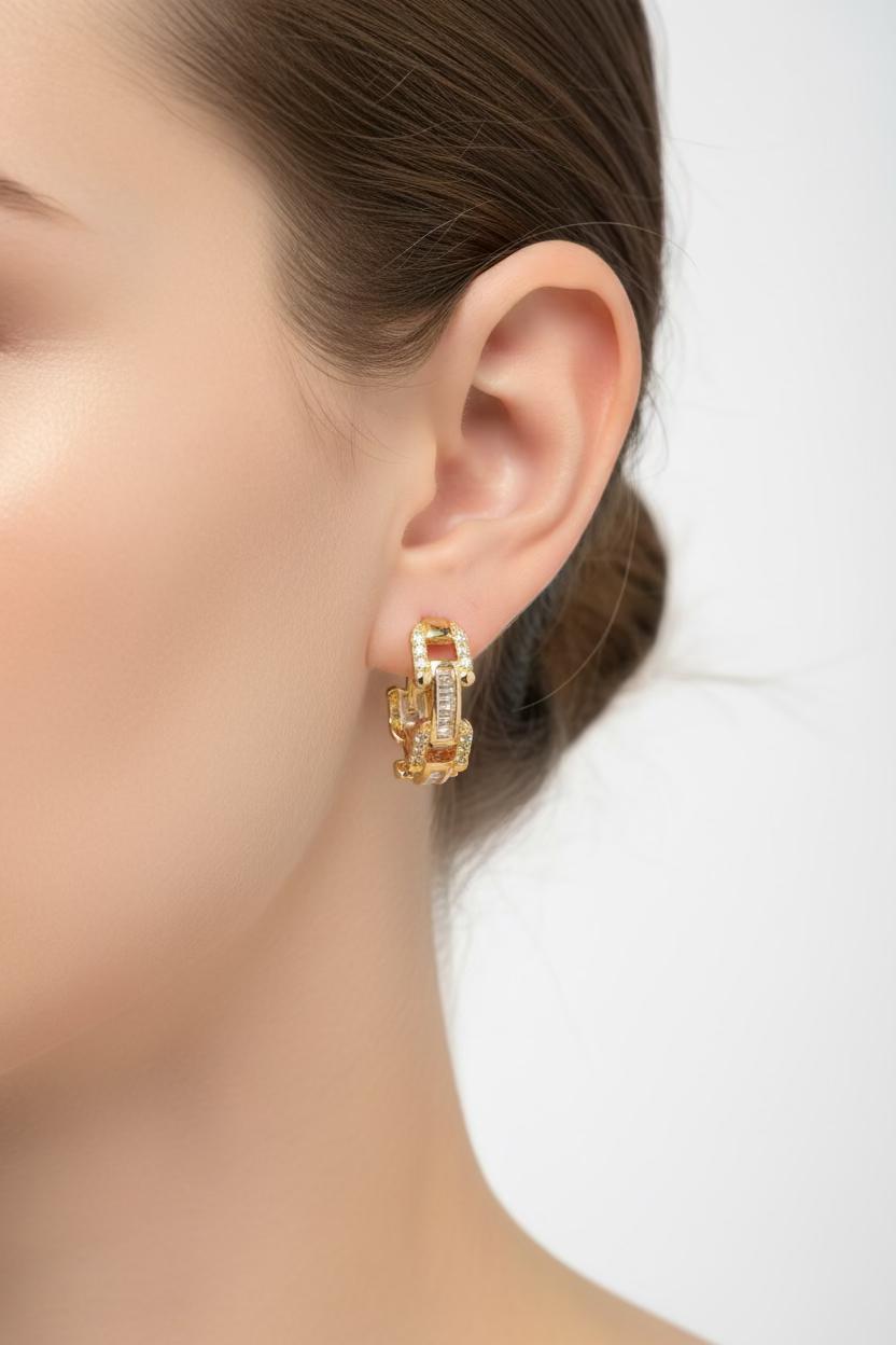 14K CUBIC ZIRCONIA CHAIN LINK HOOP EARRINGS