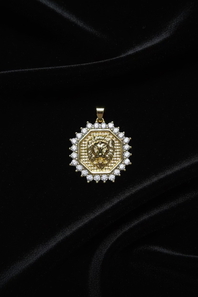 14K ICED- OUT LION HEAD MEDALLION PENDANT