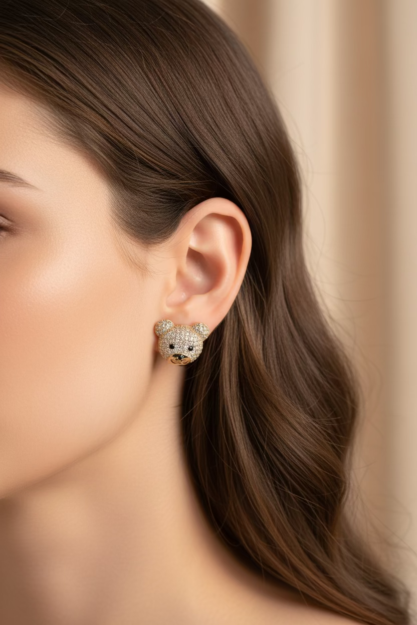 14K CLEAR TEDDY BEAR STUD EARRINGS RK-90280001