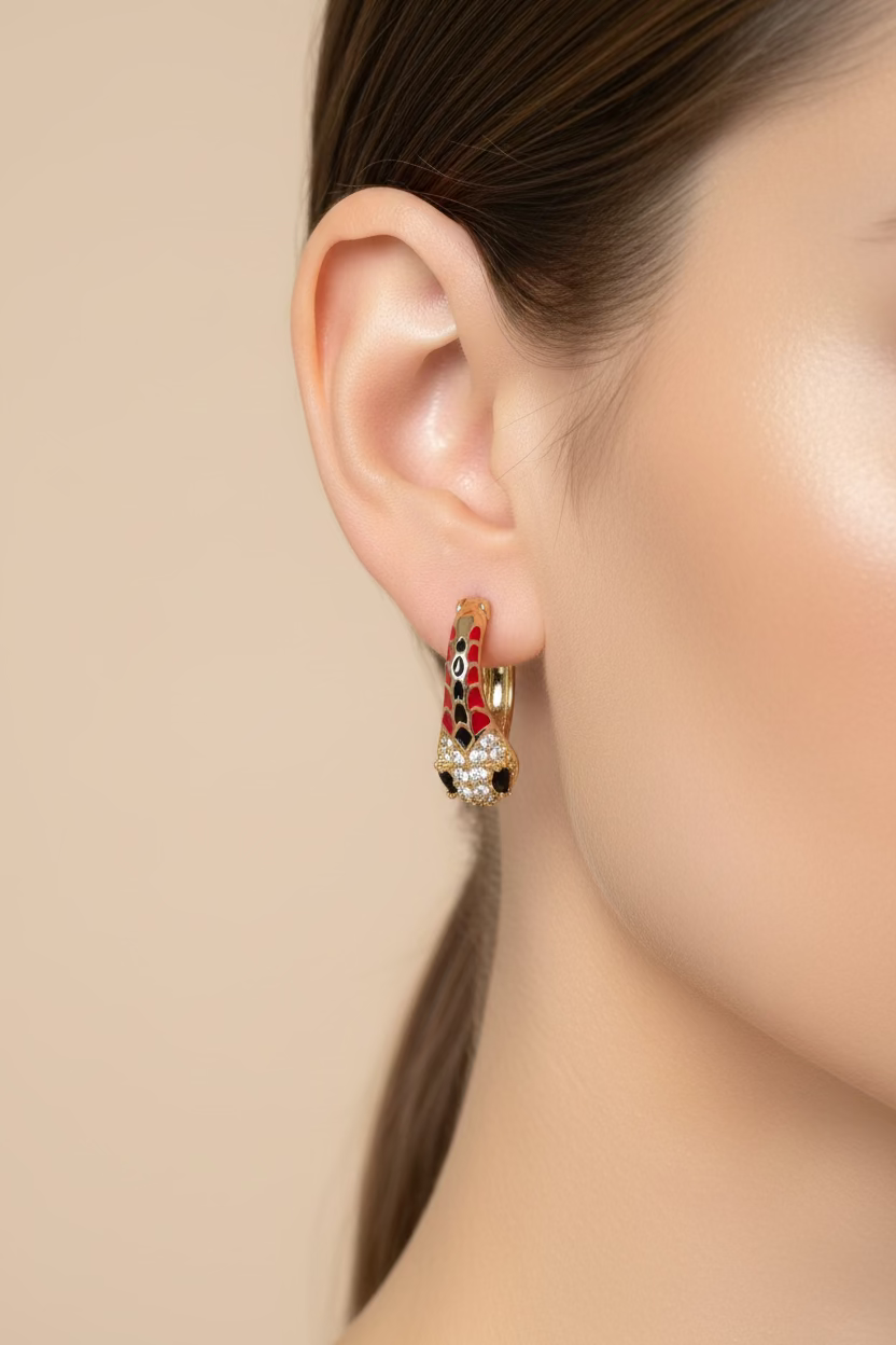 14K RED AND BLACK ENAMEL SNAKE HOOP EARRINGS X001100467
