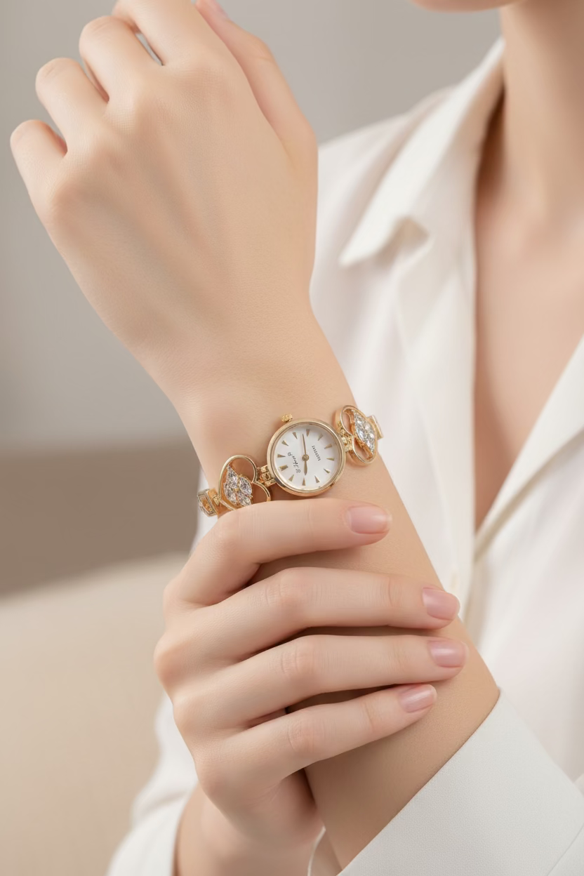 14K LADIES HEART AND LOVE BRACELET QUART WATCH