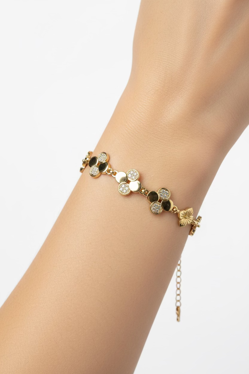 14K CLOVER-SHAPED STATIONS WITH FLOWER LINKS BRACELET ZM