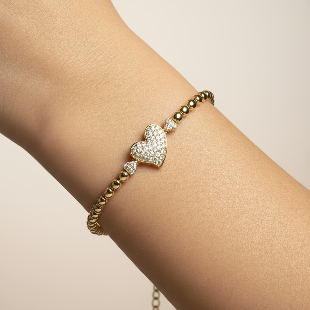 14K CENTRAL HEART "CZ" WITH BALL CHAIN BRACELET RQ