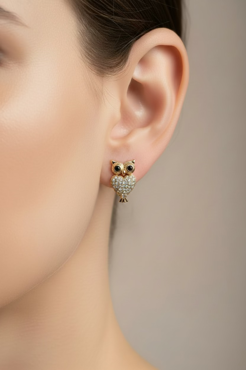 14K CLEAR OWL STUD EARRING