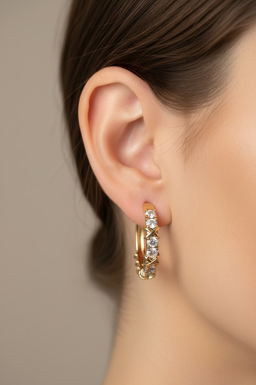 14K CLEAR HUGS AND KISSES CZ HOOP EARRING RK-92590005