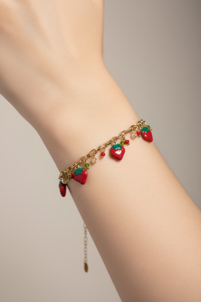 14K 22CM PLATED ENAMEL STRAWBERRY CHARM BRACELET 22CM T001126839
