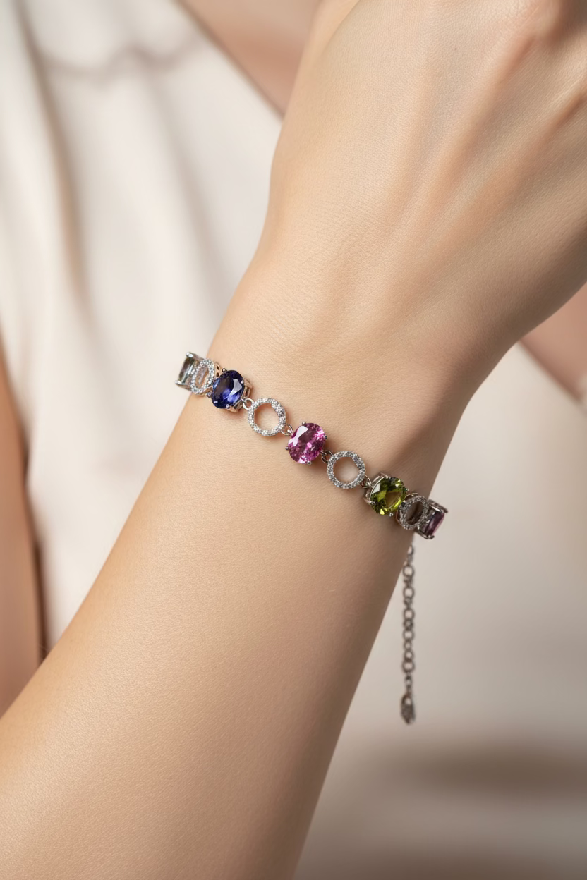 WHG 20CM MULTI-COLOR OVAL MULTI-GEMSTONE HALO LINK BRACELET SL-15250202