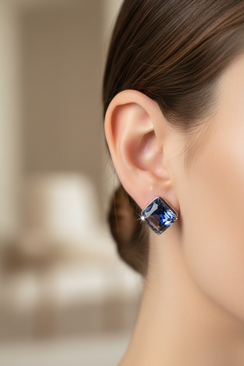 14K SWAROVSKI 3D ANGLED CUBE CRYSTAL STONE EARRINGS