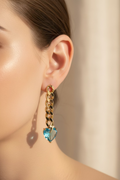14K CUBAN LINK LIGHTNING BOLT AQUA HEART DANGLE EARRING SS400A