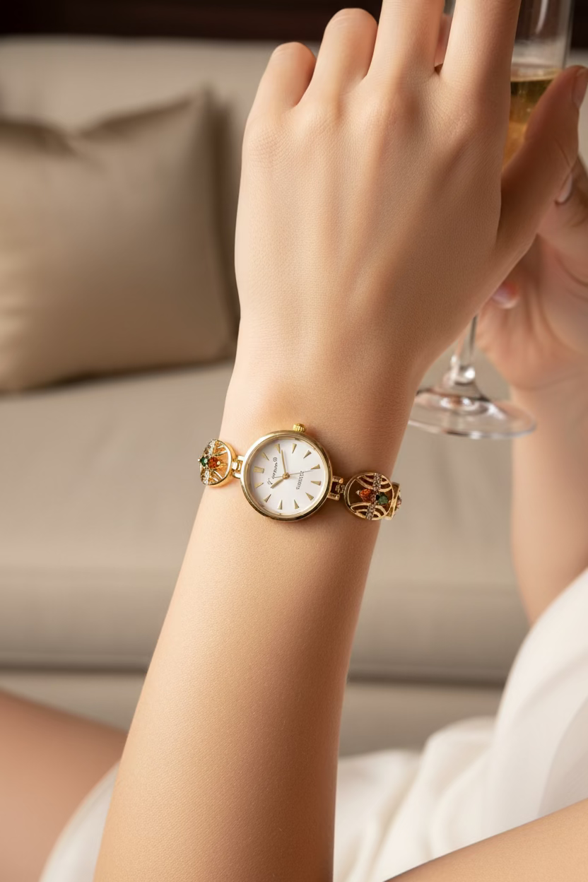 14K MULTI-COLORED GEMSTONE BASKET-WEAVE COCKTAIL WATCH