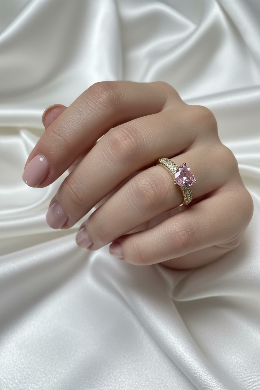 14K PINK HEART SOLITARE PAVE RING
