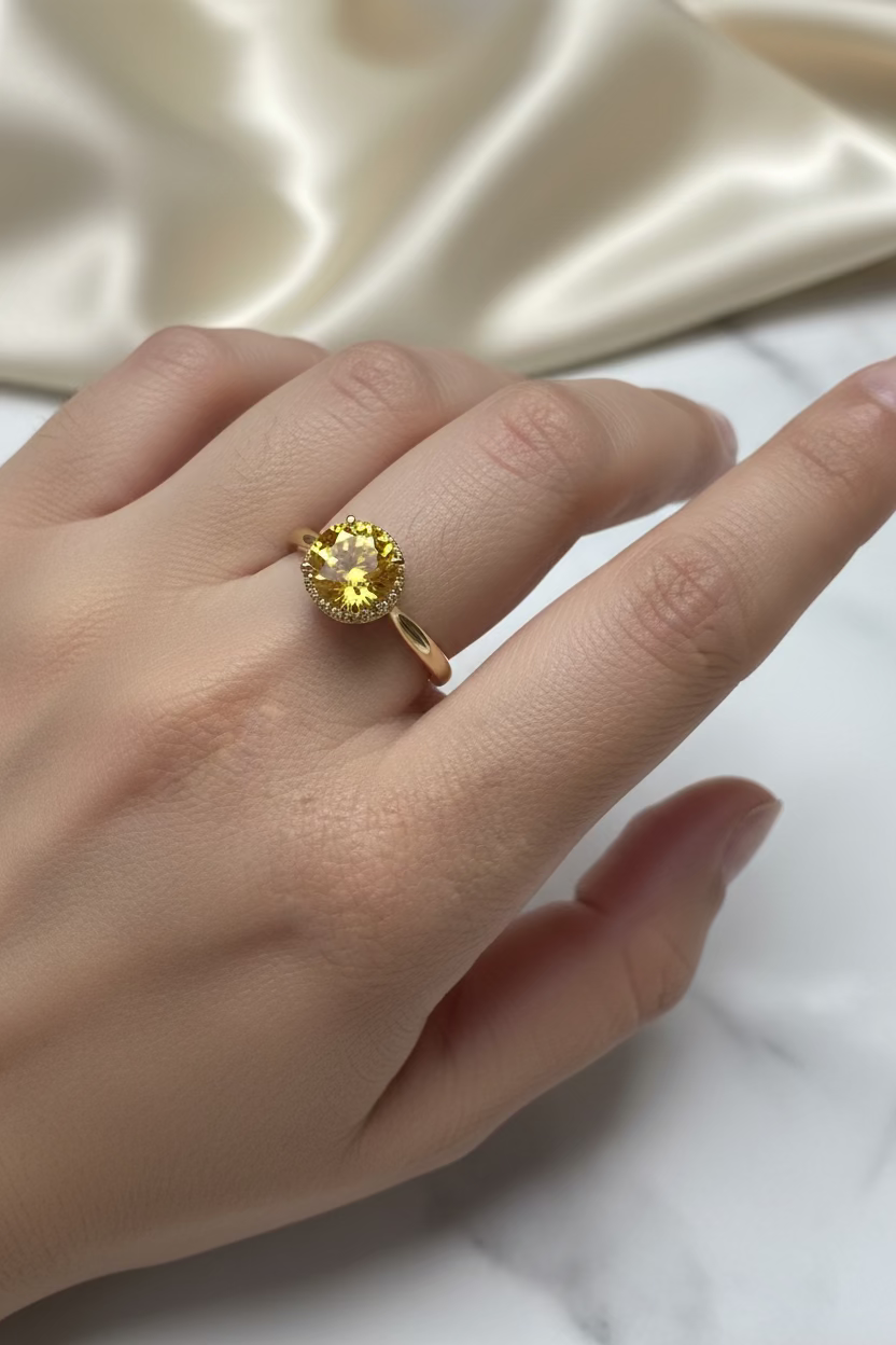 14K ROUND-CUT YELLOW GEMSTONE HIDDEN HALO RING NB-01290015