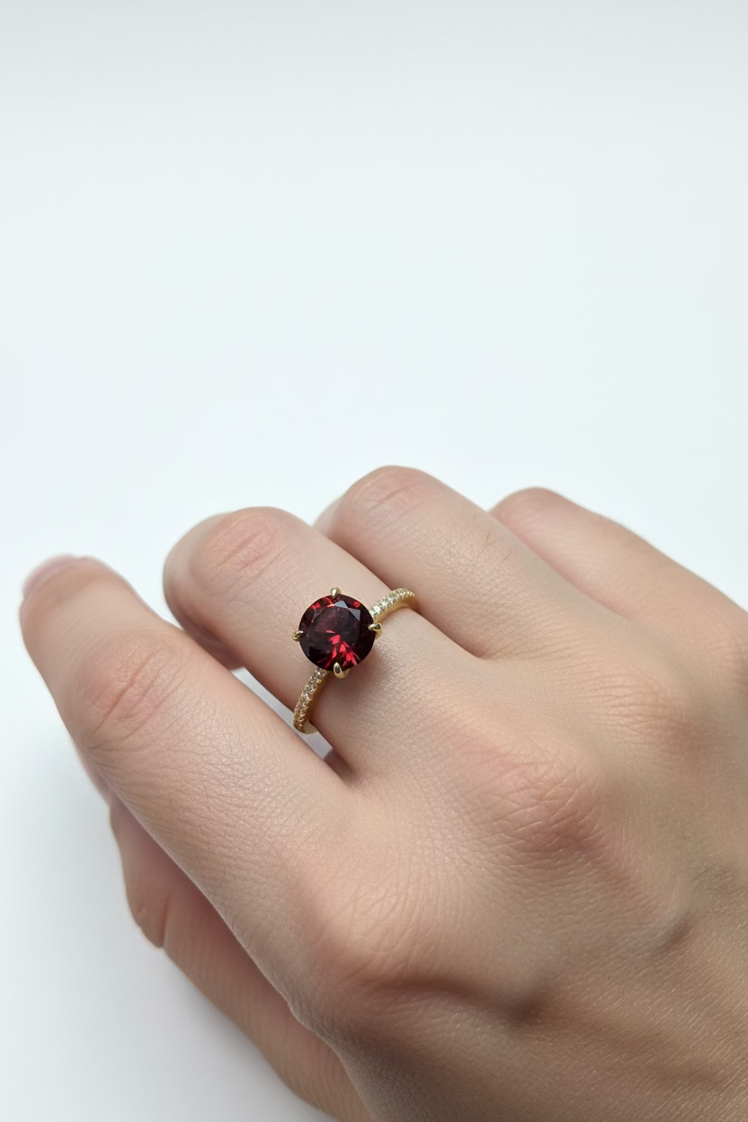 14K ROUND-CUT DARK RED GEMSTONE SOLITAIRE RING WITH A PAVE BAND NB-00970055