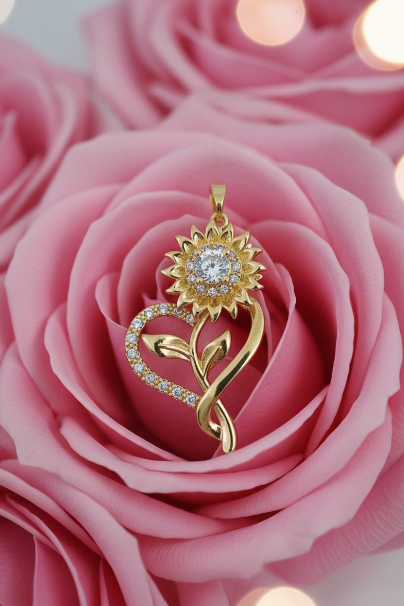 14K CLEAR SUNFLOWER HEART SPINNER PENDANT