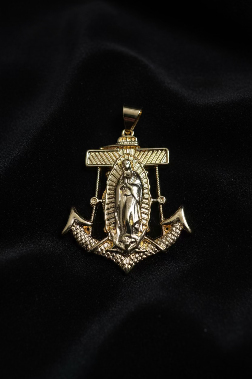 14K VIRGIN MARY GUADALUPE MARINER'S ANCHOR PENDANT QY549A