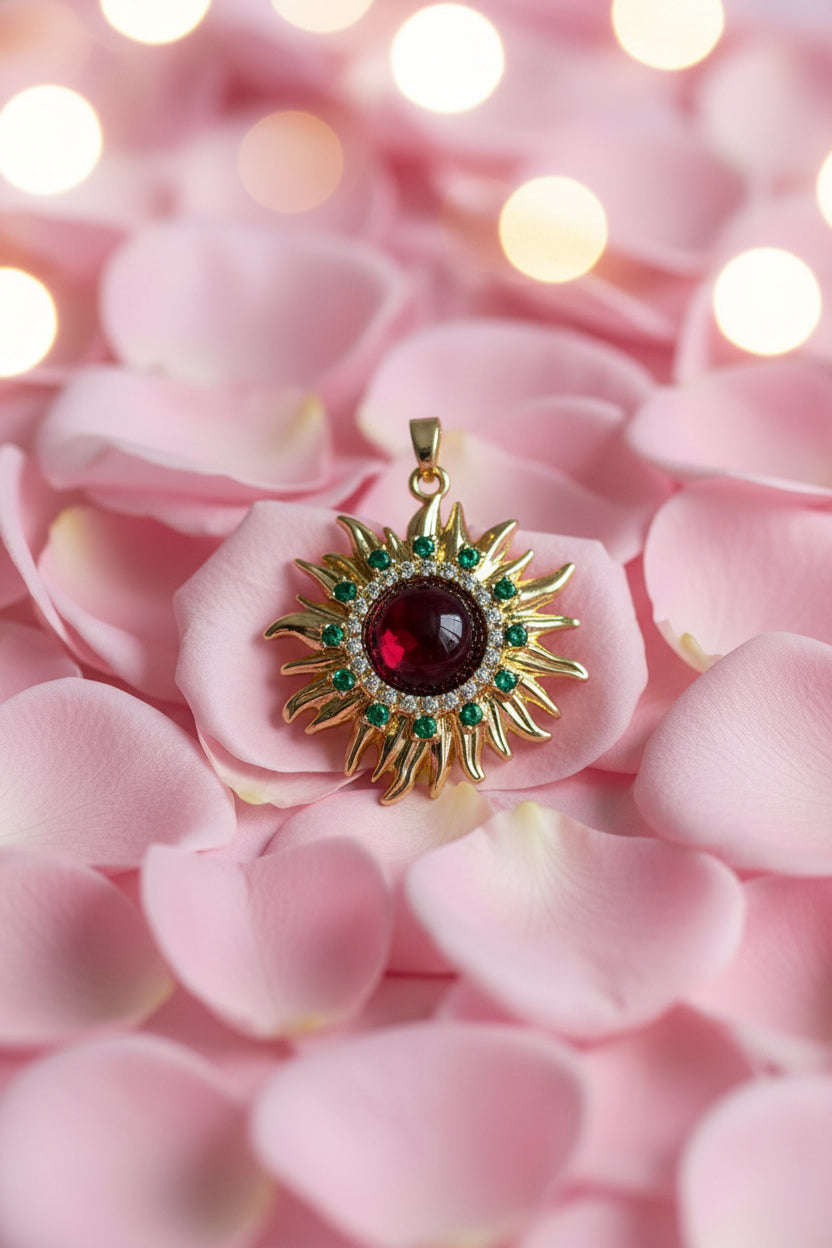 14K RD CABOCHON CELESTIAL SUNBURST PENDANT