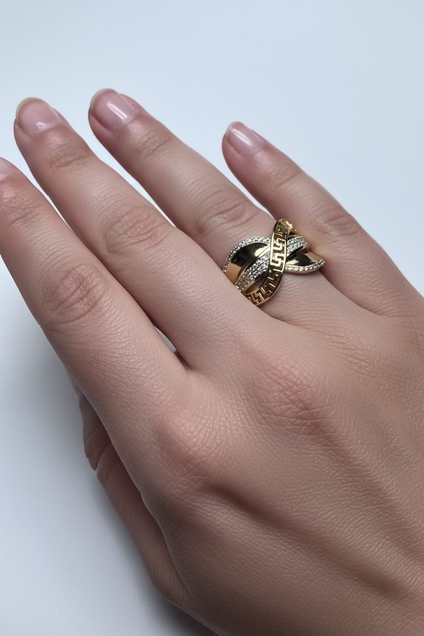 14K INSP FENID CROSSOVER GREEK KEY BANG RING