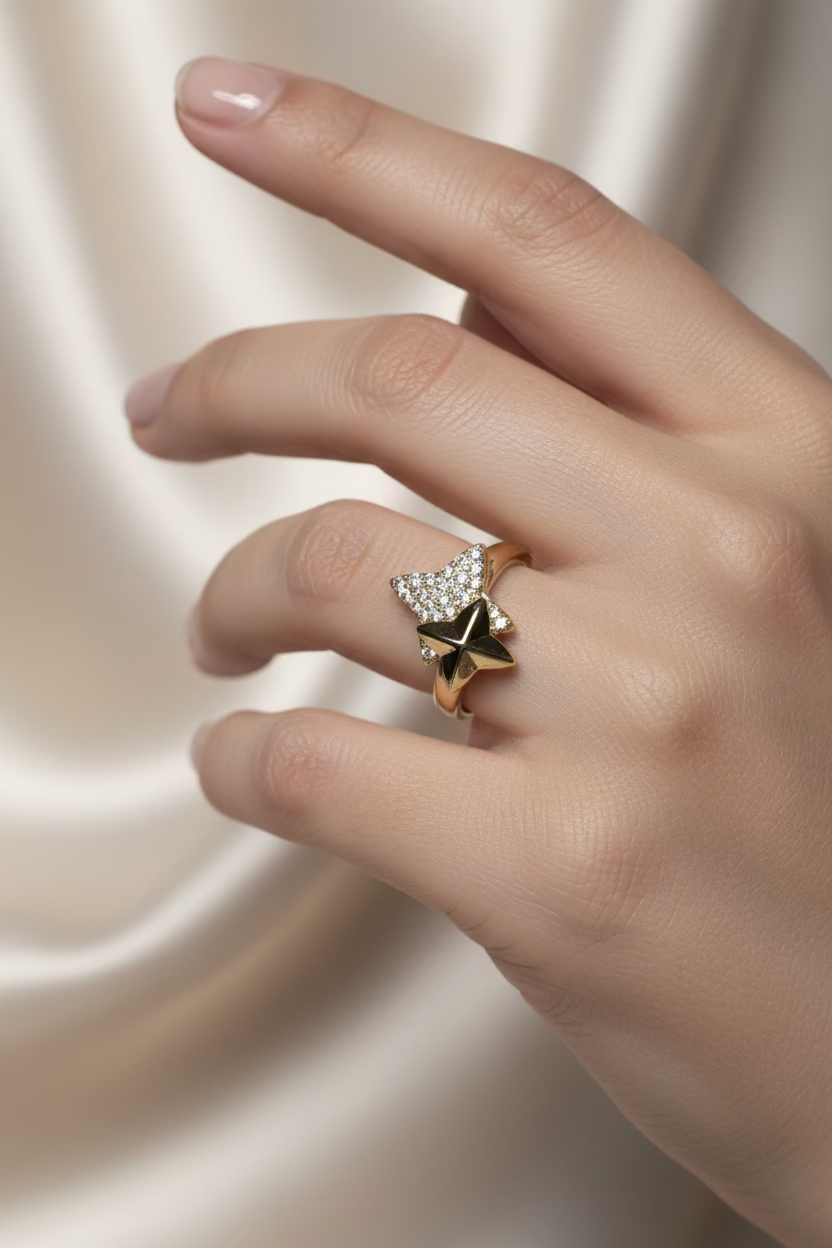 14K DAINTY DUAL FOUR-POINT STAR CELESTIAL RING