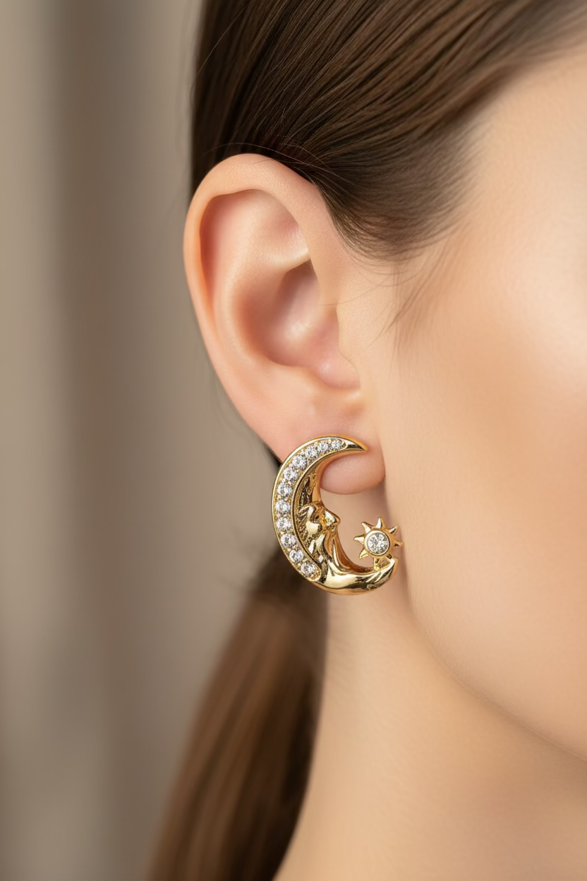 14K CELESTIAL CRESCENT MAN-IN-THE-MOON EARRING X001162621