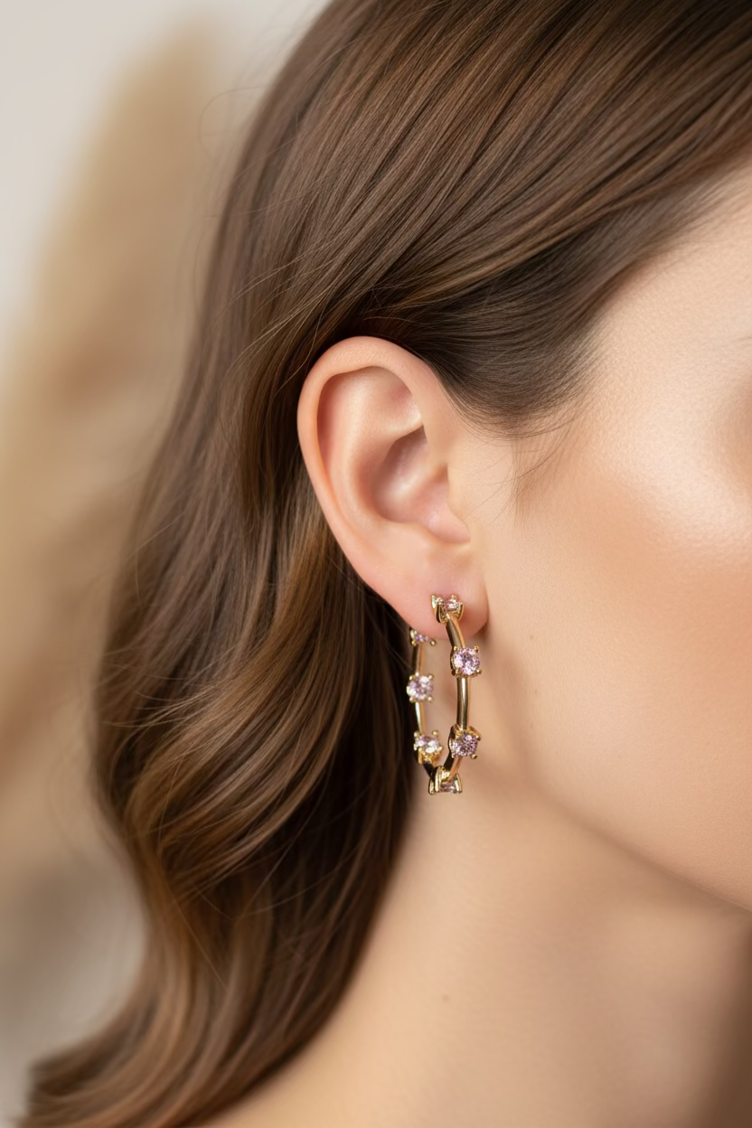 14K PINK CRYSTAL MEDIUM HOOP EARRING