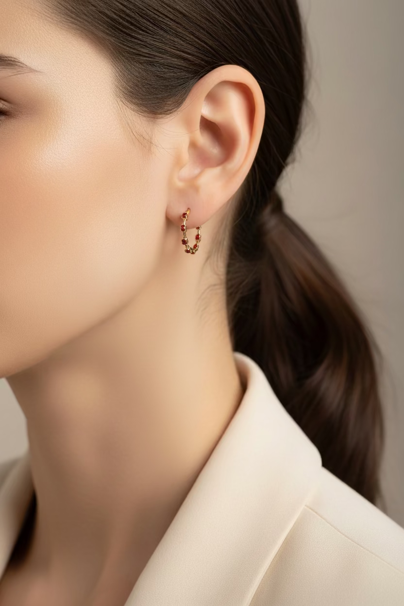 14K RED CRYSTAL MEDIUM HOOP EARRING