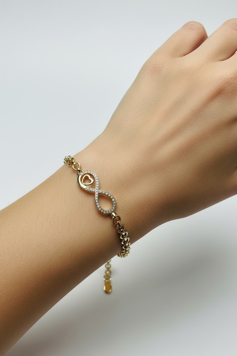 14K INFINITY SYMBOL HEART LINK BRACELET