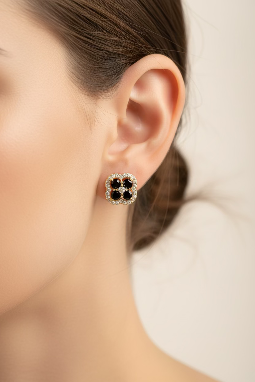 14K BLACK ONYX CLOVER HALO STUD EARRING