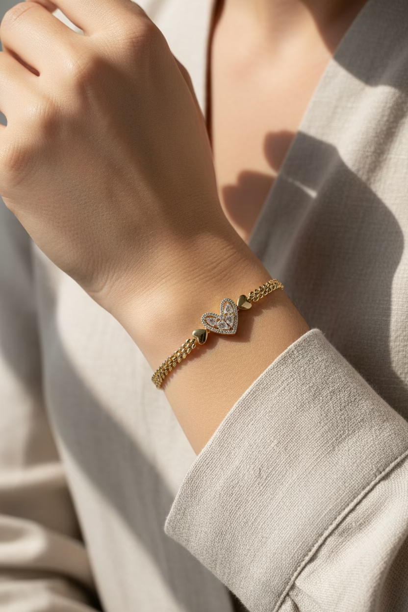 14K PAVE CRYSTAL OPEN HEART CHINO LINK BRACELET
