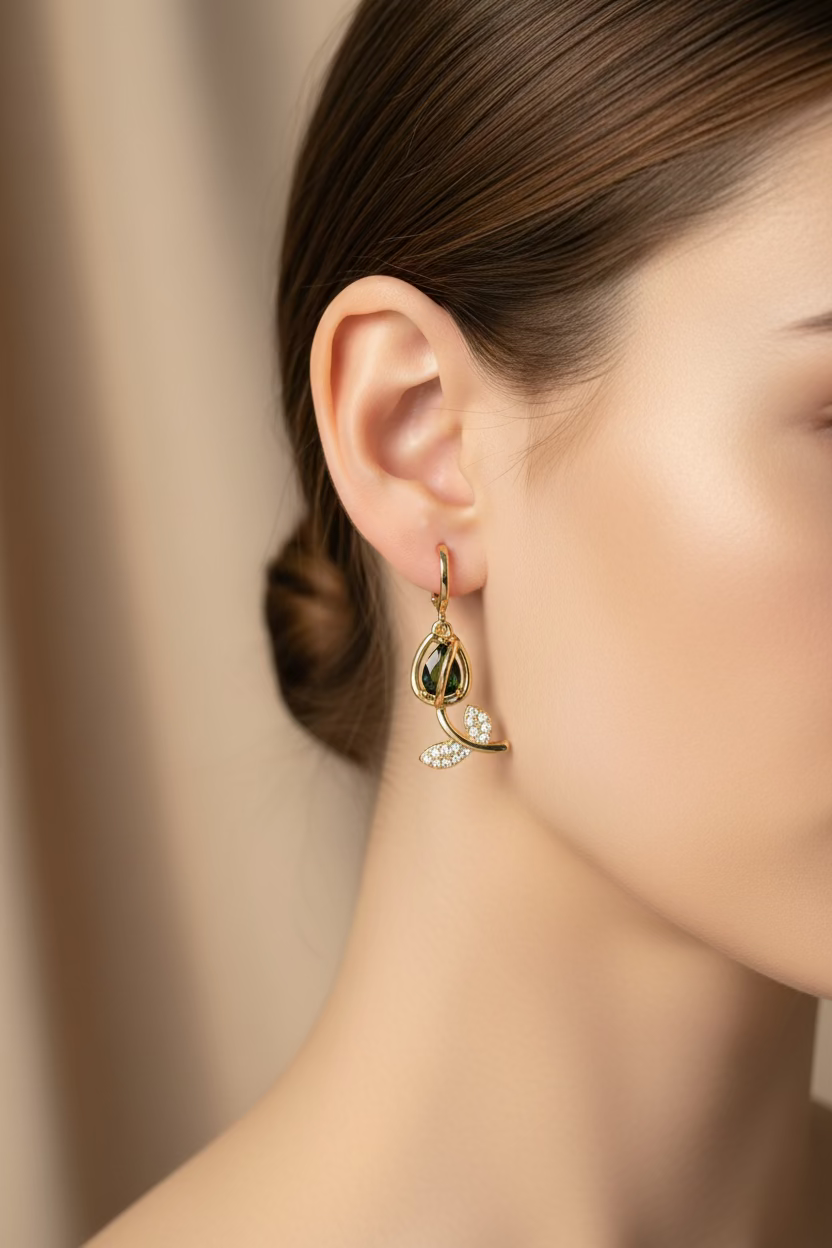 14K GREEN CRYSTAL TULIP DANGLE HUGGIE EARRING