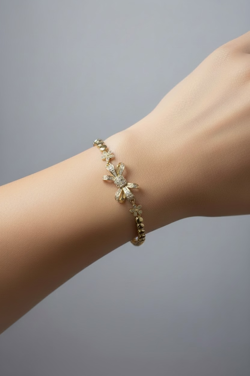 14K PAVE CRYSTAL BOW AND FLOWER CHINO LINK BRACELET