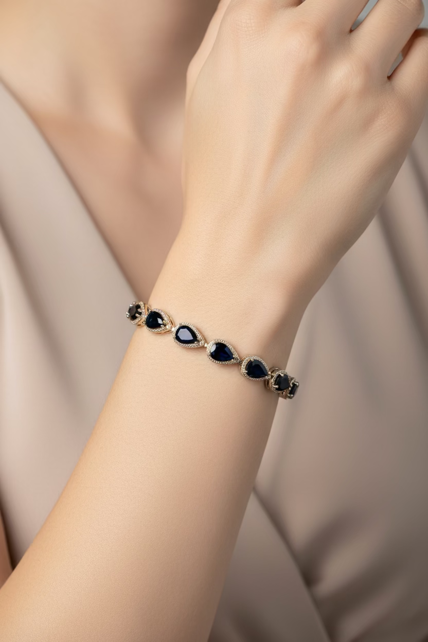 14K BLACK ONYX TEARDROP HALO LINK BRACELET