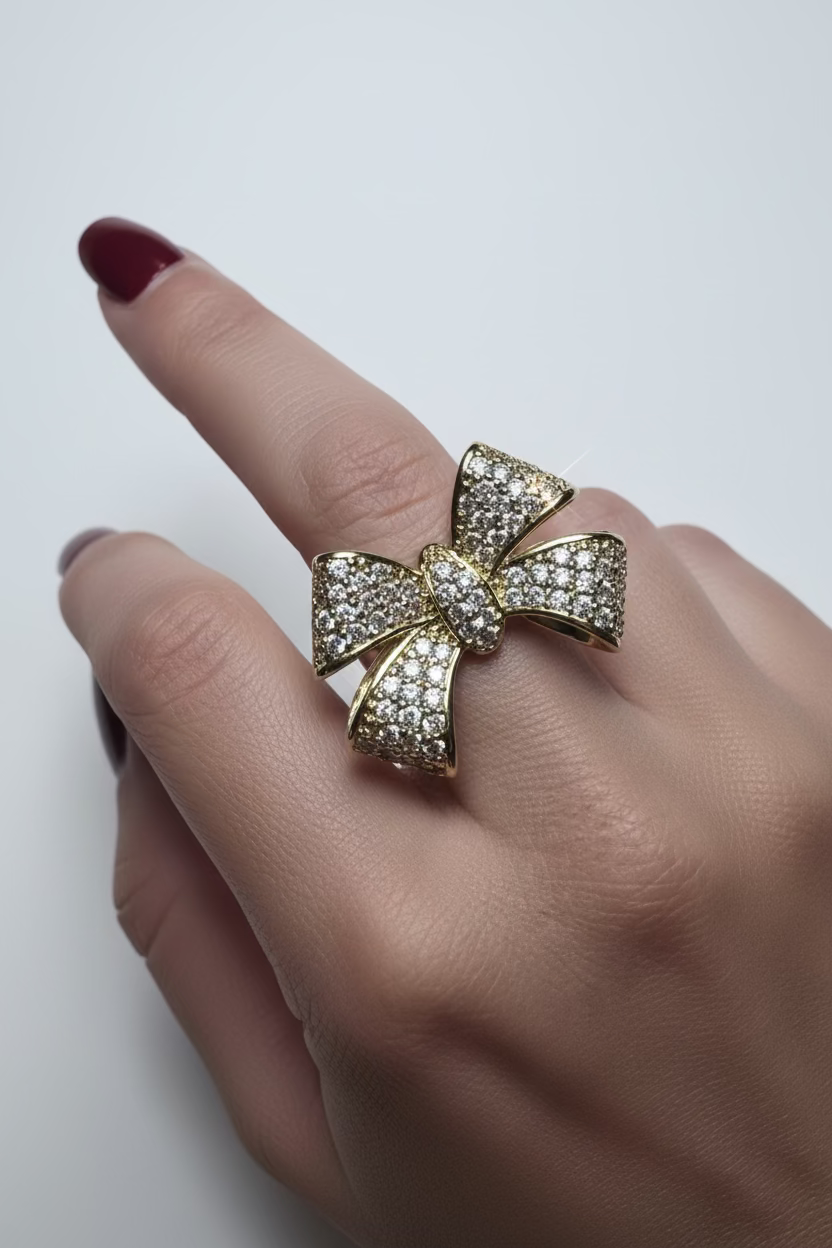 14K PAVE CRYSTAL STATEMENT BOW RING