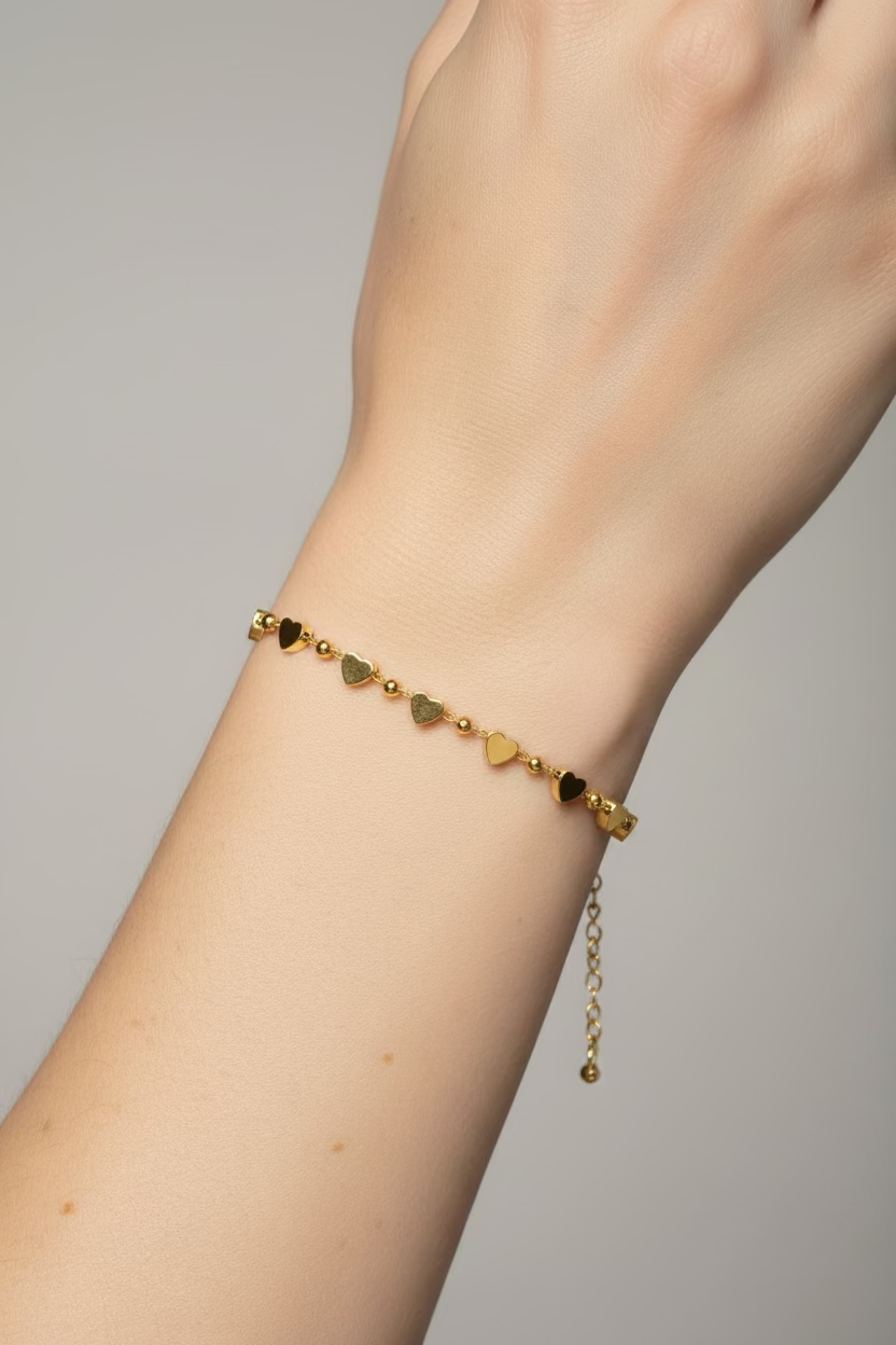14K 21CM HEART AND BEAD LINK BRACELET CS-11670002