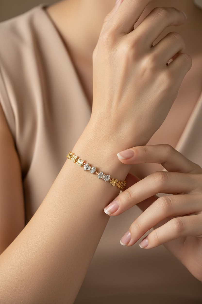 14K PAVE CRYSTAL MULTI-HEART AND BUTTERFLY LINK BRACELET